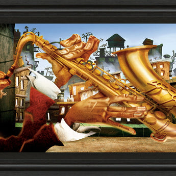 Saxo City In Blue By Adam Perez - Framed Print Wall Art - Dark Brown