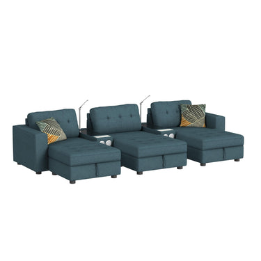 Angled view of the Options One 8-piece teal sectional with two media consoles with reading lights and three storage ottomans