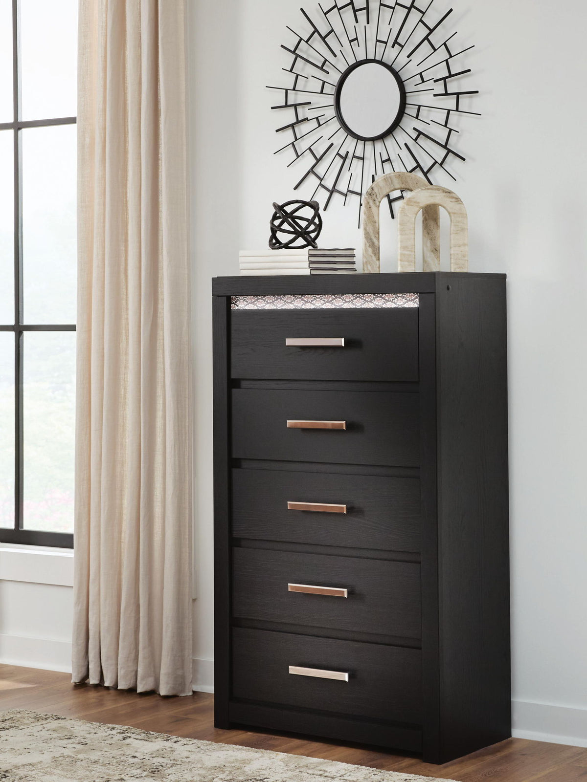 black five drawer dresser Brizmore - Chest Florals Mango linen mix Dropped quality metal slides Color:Black Hot Pink