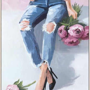 Denim And Peonies II - 36 X 48 - Hand-Embellished Canvas In Frame - Blue