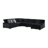 Nightfall U-shaped sectional in black ribbed fabric, angled view with right chaise and gray accent pillows