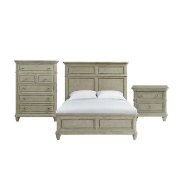 Whit-Ash light grey five-drawer chest, bed with two-panel headboard and nightstand, front view
