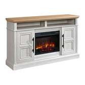 Villa fireplace console in white and natural, angled view with flames lit and black door handles