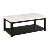 Marcello coffee table with white marble top and black wood base, angled view showing plank bottom shelf