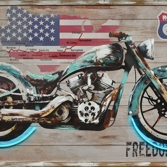 "Route Freedom" Hand-Embellished LED In Frame - Rustic / Neon