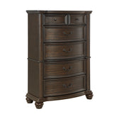 Brunswick 5-drawer chest in mahogany, angled view showing curved drawer fronts, bail pulls and bun feet