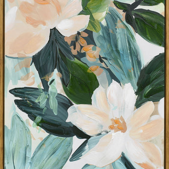"Floral Serenity I" Hand-Embellished Canvas In Frame - Natural Wood / Peach / Green