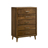 Malibu 5-drawer chest in walnut, angled view showing tapered legs and silver bar handles