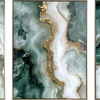 Jade Veining Hand-Embellished Canvas With Rocks & Foil In Frame (Set of 3) - Emerald / Sage
