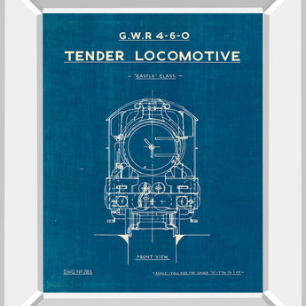Locomotive Blueprint II By Wild Apple Portfolio - Mirror Framed Print Wall Art - Blue