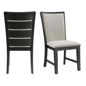 Two Grady black side chairs, one showing the slatted back and one angled showing gray upholstered seat