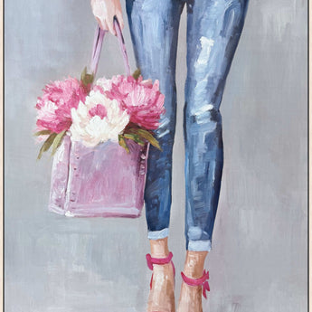 Denim And Peonies I - 36 X 48 - Hand-Embellished Canvas In Frame - Blue