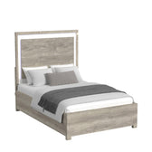 San Matteo LED panel bed, angled view, gray wood-look finish with lit white headboard accent frame