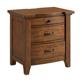 Gage 3-drawer nightstand in chestnut, angled view showing bowed drawer fronts, square knob and dark bar pulls
