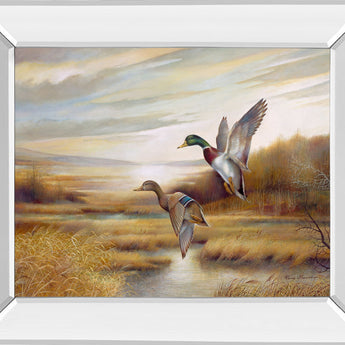 22x26 Mallards By Ruanne Manning And Mossy Oak Native Living - Mirror Framed Print Wall Art - Light Brown