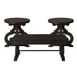 Stone 3-piece occasional set in Smokey Walnut: coffee table with drawer between two round end tables, front view