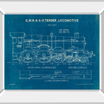 Locomotive Blueprint I By Wild Apple Portfolio - Mirror Framed Print Wall Art - Blue