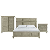 Whit-Ash king panel bed in light gray with door chest and 2-drawer nightstand, front view
