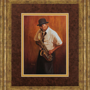 Sax Man By Delancy - Framed Print Wall Art - Orange