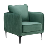 Rae chair in green velvet, angled front view showing channel-stitched side and black metal legs