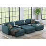 Options One 8-piece sectional in Palmer Plus Teal with two media consoles and three storage ottomans in a bright living room
