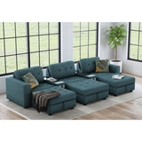 Options One 8-piece sectional in Palmer Plus Teal with two media consoles and three storage ottomans in a bright living room