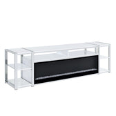 Midway 80 inch TV console in glossy white, angled view with the firelight insert turned off
