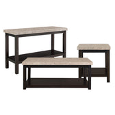 Kansas sofa table, coffee table and end table with beige marble tops and espresso bases, front angle