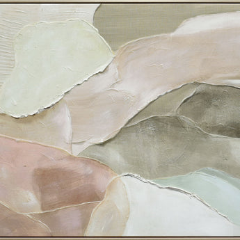 "Ethereal Layers" Hand-Embellished Canvas In Frame - Soft White / Muted Green / Taupe