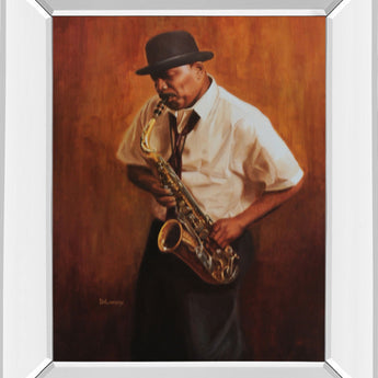 Sax Player - Mirror Framed Print Wall Art - Dark Brown