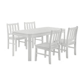 Travis Youth 5 piece dining set in white, rectangular table with four slat back chairs, angled view