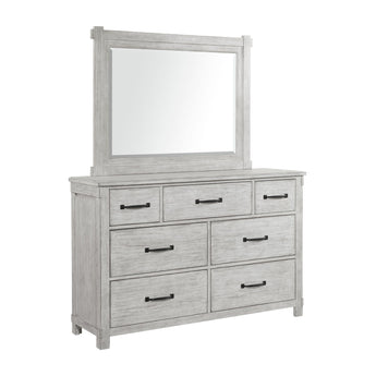 Scott 7-drawer dresser with framed mirror in white washed distressed finish, angled view