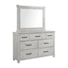 Scott 7-drawer dresser with framed mirror in white washed distressed finish, angled view