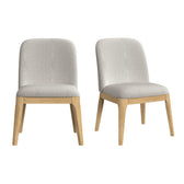 Rosalie dining side chairs in Natural, pair shown front and angled with light gray fabric upholstery