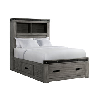 Wade youth platform storage bed in dark gray, angled view with single wide footboard drawer and side drawers