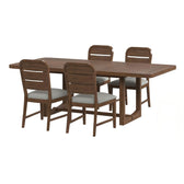 Glinda 5 piece dining set in brown, rectangular table with four ladder-back side chairs, angled view