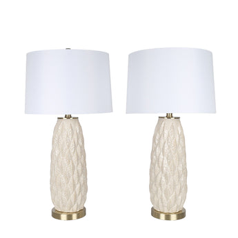 Textured Leaves Carved Ceramic & Metal Table Lamp (Set of 2) - Beige / Soft Gold