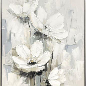 "Whispering Blooms I" Hand-Embellished Canvas In Frame - White / Gray / Black