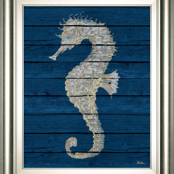 Antique Seahorse On Blue Il By Patricia Pinto - Framed Print Wall Art - Blue