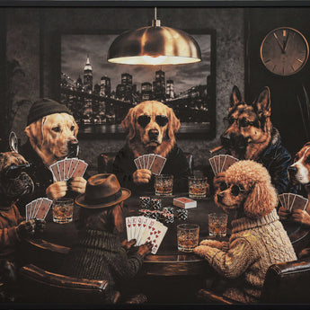 The Canine Card Club - 48 X 36 - Hand-Embellished Canvas In Frame - Black, Brown, Amber