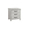 Scott nightstand in white washed distressed finish, angled view with dark metal drawer pulls and straight legs