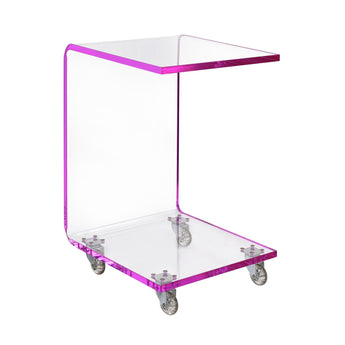 Iris snack table in pink, angled view of clear acrylic with pink edges, bottom shelf and casters
