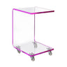 Iris snack table in pink, angled view of clear acrylic with pink edges, bottom shelf and casters