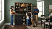 Jemma buffet and hutch in grey and dark espresso with shelf lights, styled in a family dining room