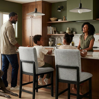 Elements International Portland - Square Back Counter Stool with Grey Fabric styled in a designer-styled interior lifestyle setting at Quality Home Furniture