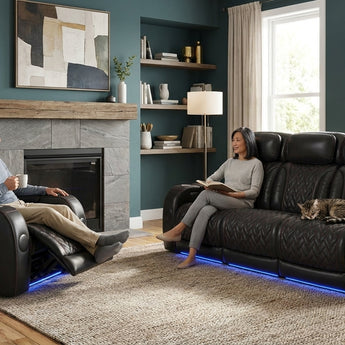 Elements International Prime Time - P3 Sofa With I Table, Reading Light, Heat, Massage, LED, And Speaker styled in a designer-styled interior lifestyle setting at Quality Home Furniture