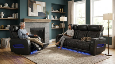 Elements International Prime Time - P3 Sofa With I Table, Reading Light, Heat, Massage, LED, And Speaker styled in a designer-styled interior lifestyle setting at Quality Home Furniture