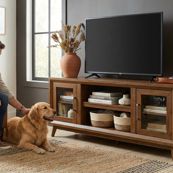 Elements International Santa Barbara - 60" TV Console styled in a designer-styled interior lifestyle setting at Quality Home Furniture