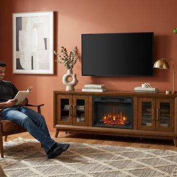 Elements International Santa Barbara - 70" TV Console in Walnut w/23" Fireplace Insert styled in a designer-styled interior lifestyle setting at Quality Home Furniture