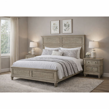 Whit-Ash light grey two-panel headboard bed with two nightstands in a styled bedroom scene